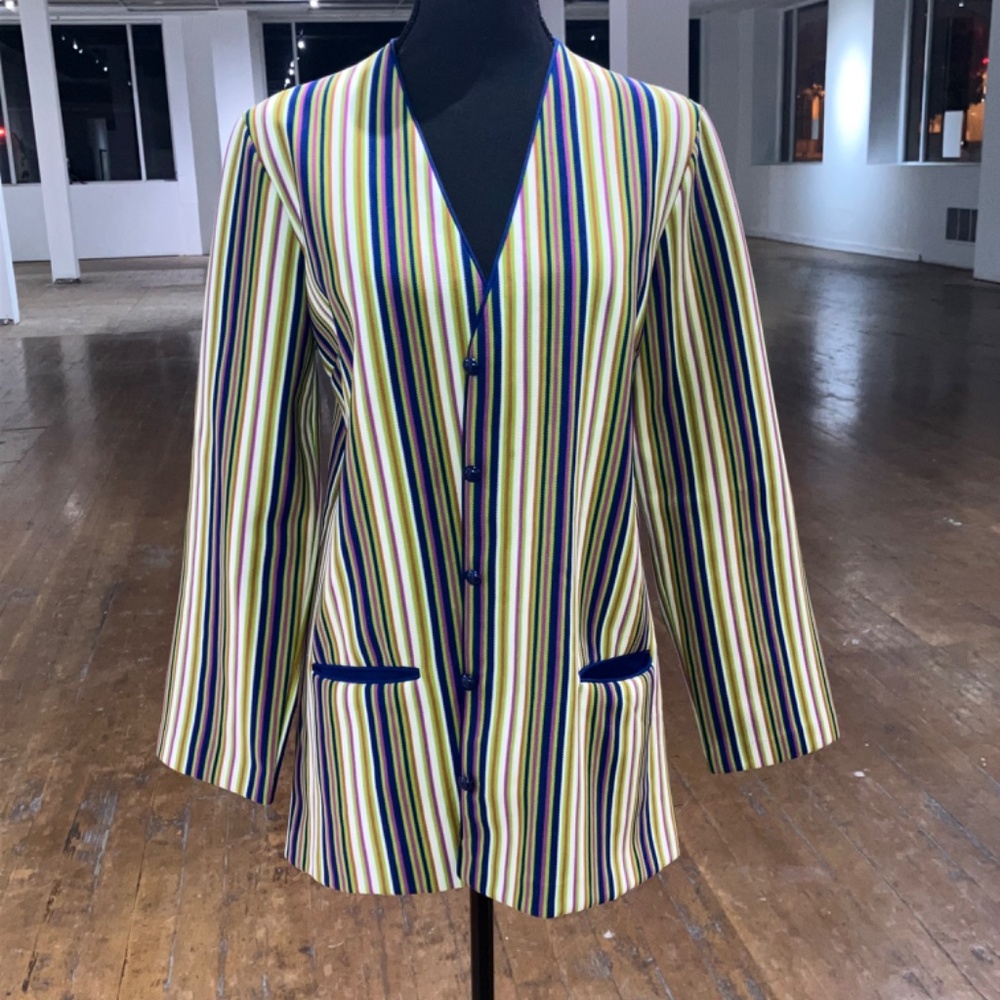 Vintage 70s Jantzen cool tone vertical stripe polyester blazer - Picture 7 of 11